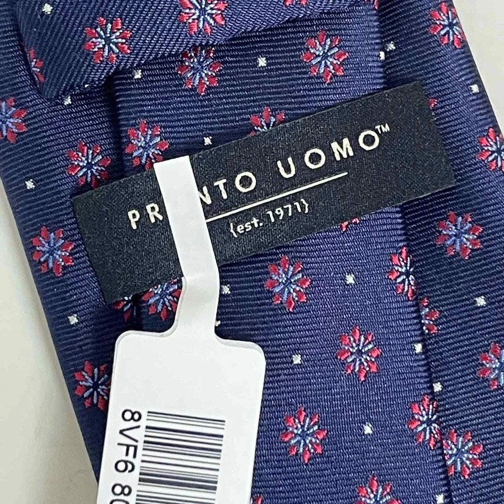 NWT Pronto Uomo Designer Necktie Silk Blue Red Geometric Stars Dots Tie‎